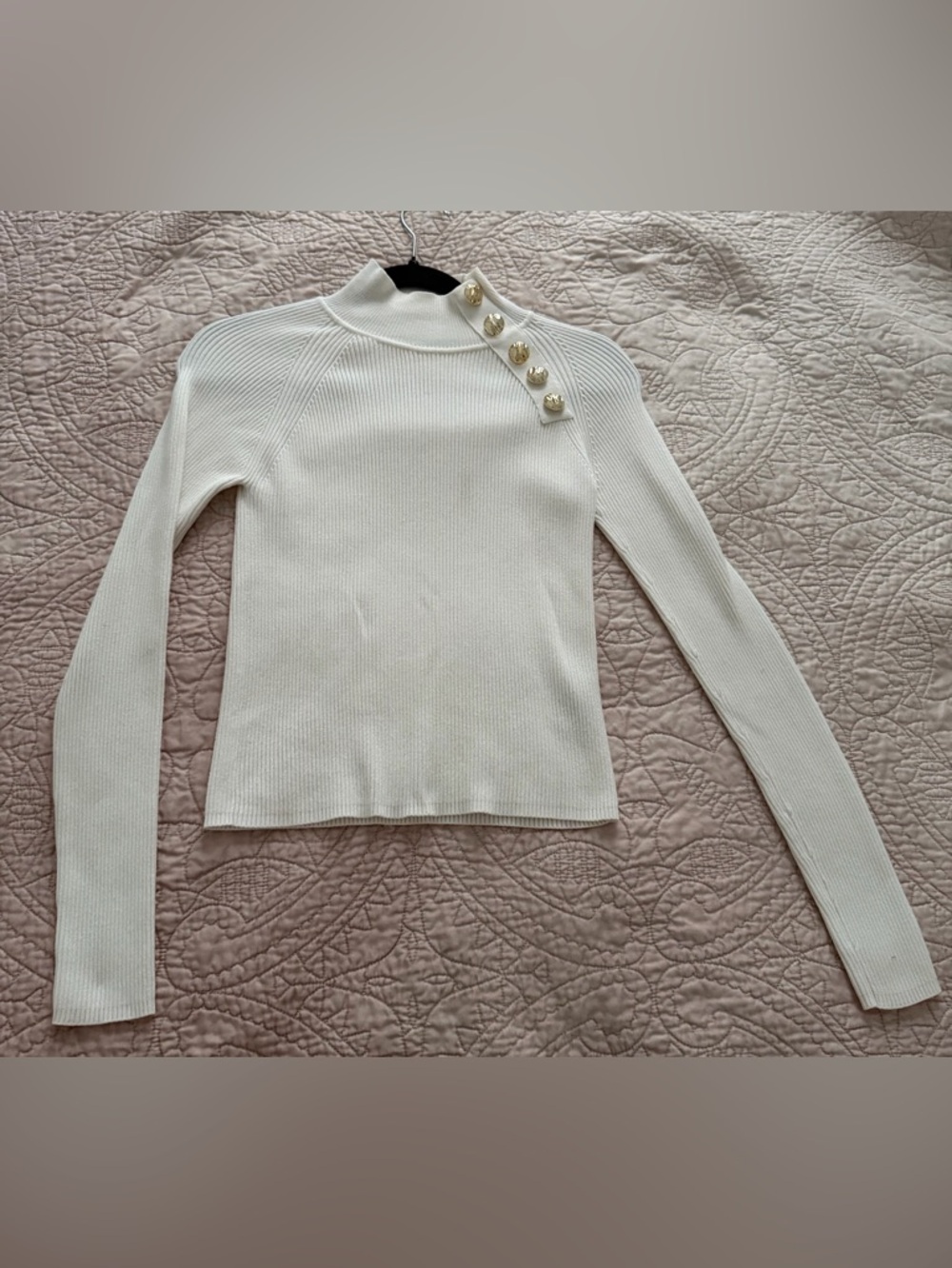 Zara Cream Ribbed Mock Neck Long Sleeve Top with Gold Buttons